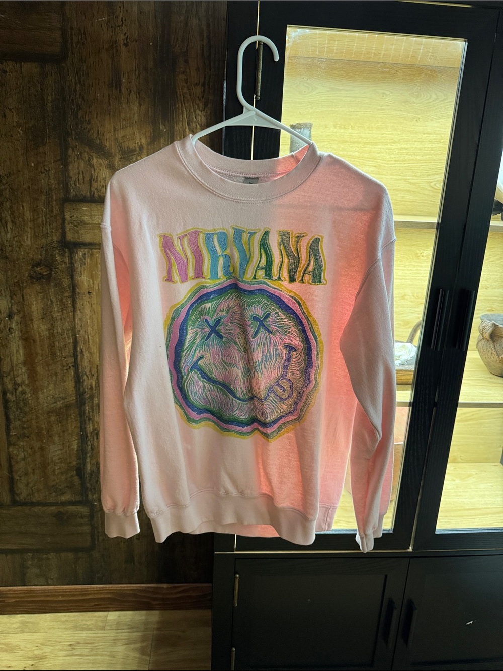 NIRVANA Pastel Pink Multicolor Smiley Crewneck Sweatshirt